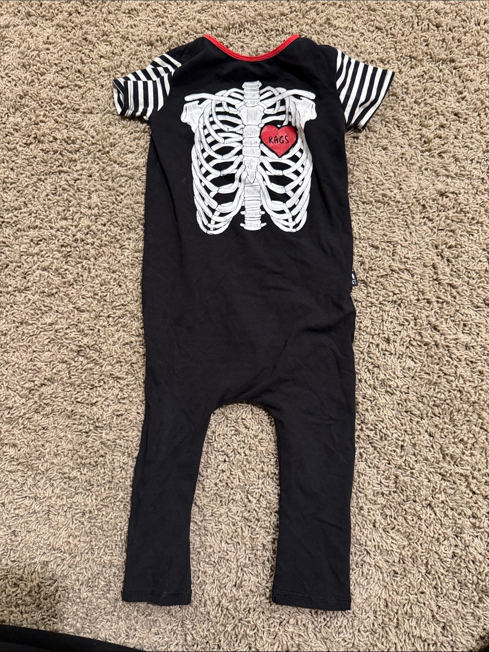Black Kids Skeleton One-Piece Bodysuit with Red Heart Accent